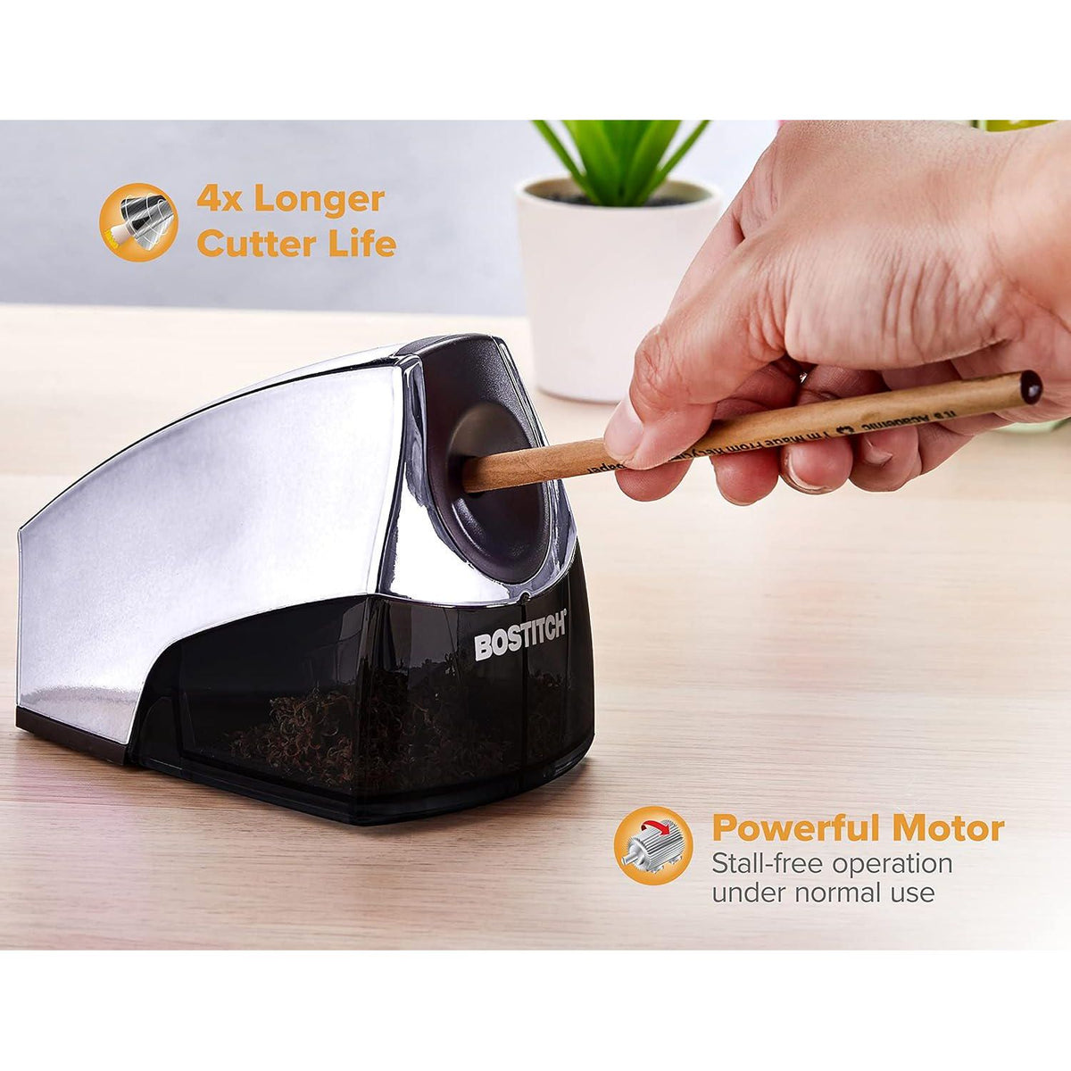 Bostitch Office Personal Electric Pencil Sharpener, Powerful Stall-Free Motor, High Capacity Shavings Tray, 7yr Warranty, Chrome Metallic,