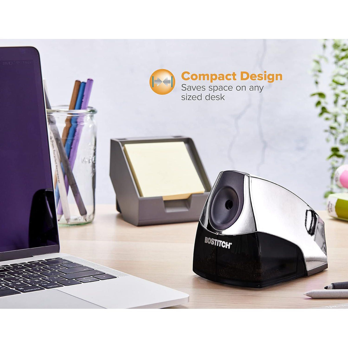 Bostitch Office Personal Electric Pencil Sharpener, Powerful Stall-Free Motor, High Capacity Shavings Tray, 7yr Warranty, Chrome Metallic,