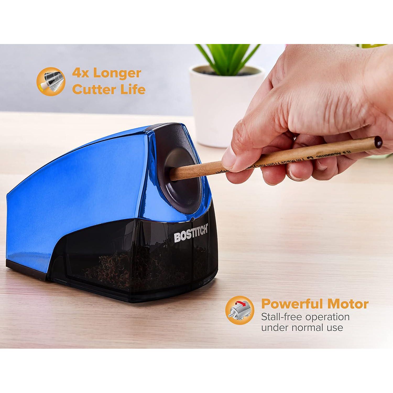 Bostitch Office Personal Electric Pencil Sharpener, Powerful Stall-Free Motor, High Capacity Shavings Tray, Blue Chrome Metallic,