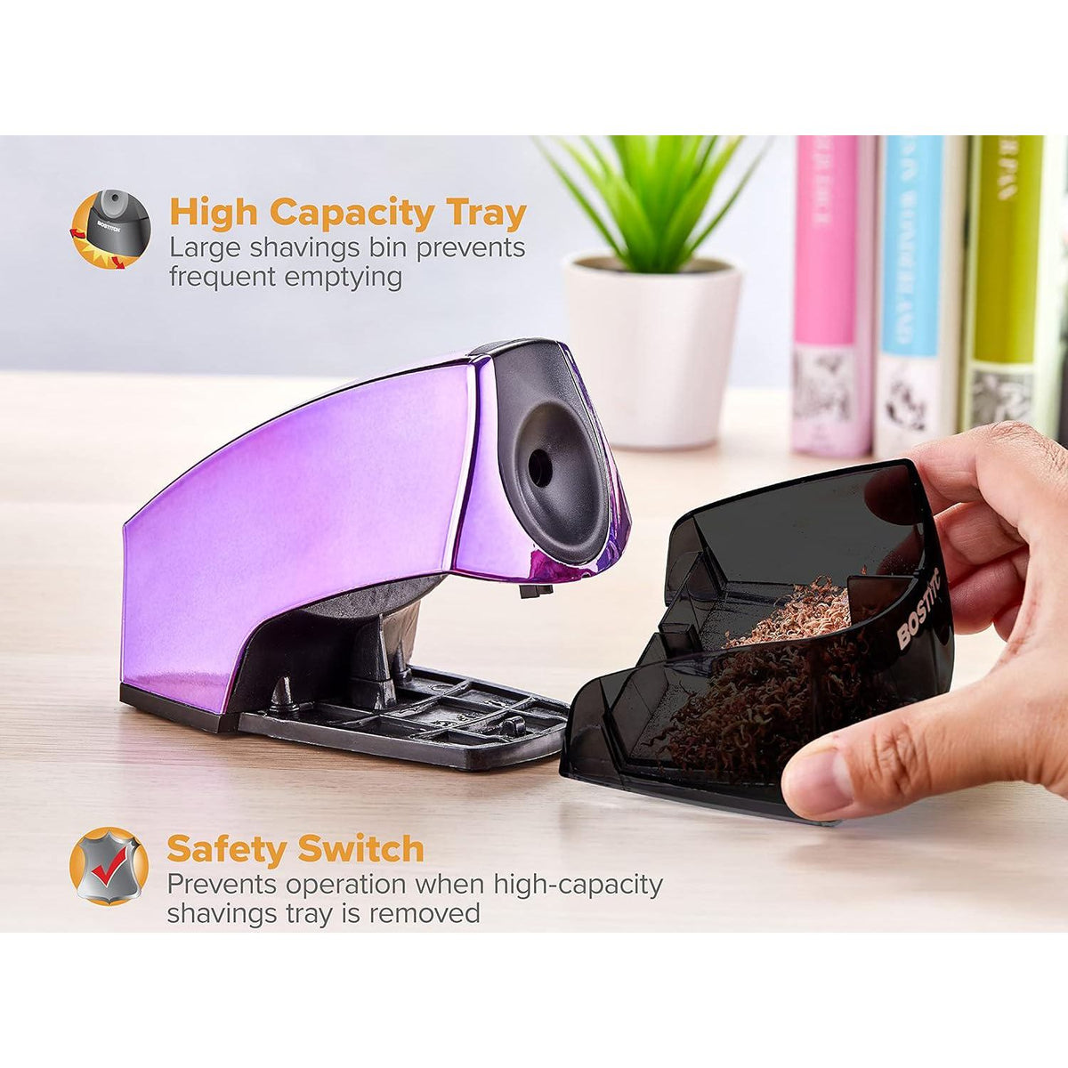 Bostitch Office Personal Electric Pencil Sharpener, Powerful Stall-Free Motor, High Capacity Shavings Tray, Metallic Purple,