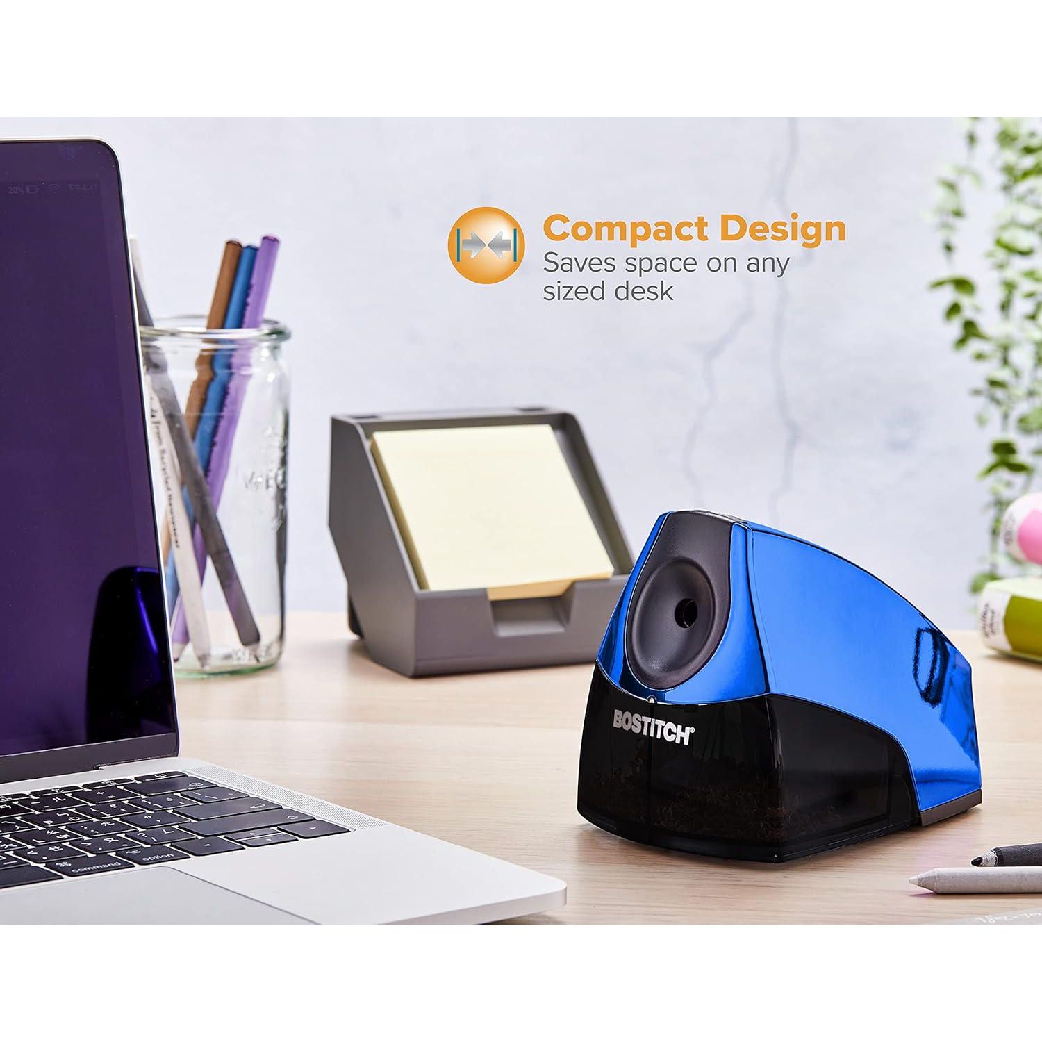 Bostitch Office Personal Electric Pencil Sharpener, Powerful Stall-Free Motor, High Capacity Shavings Tray, Blue Chrome Metallic,
