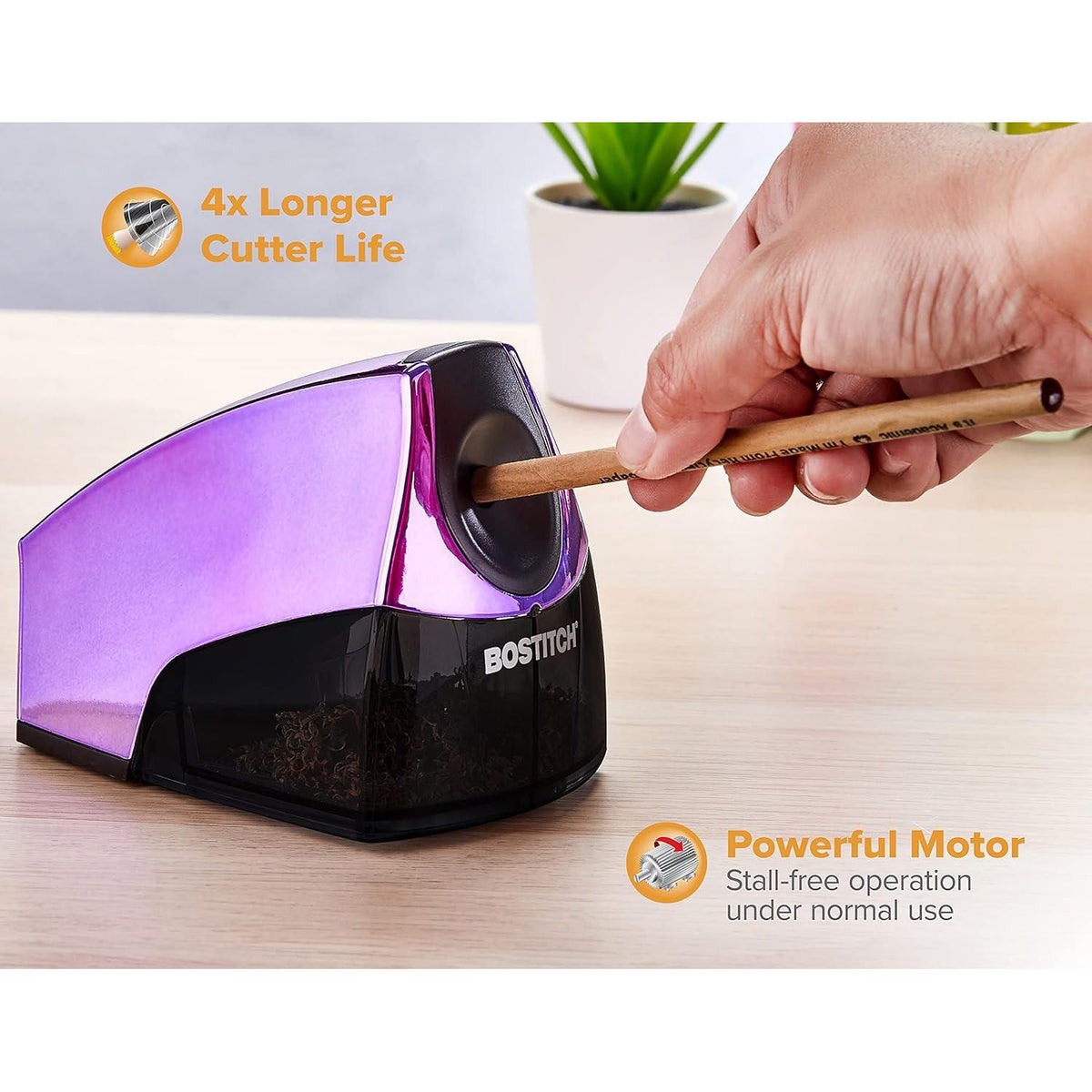 Bostitch Office Personal Electric Pencil Sharpener, Powerful Stall-Free Motor, High Capacity Shavings Tray, Metallic Purple,