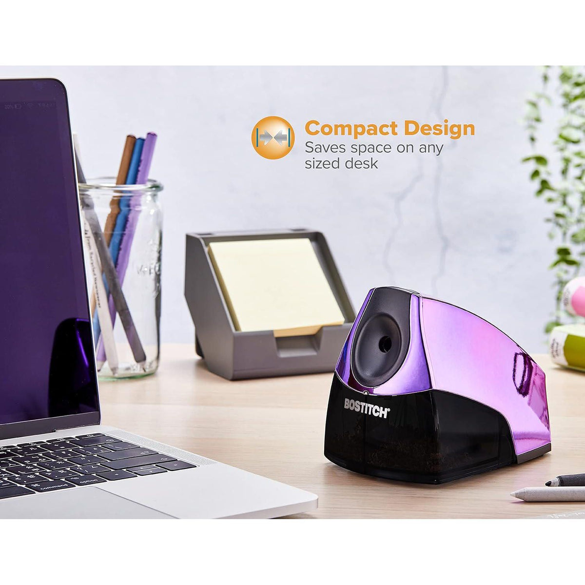 Bostitch Office Personal Electric Pencil Sharpener, Powerful Stall-Free Motor, High Capacity Shavings Tray, Metallic Purple,