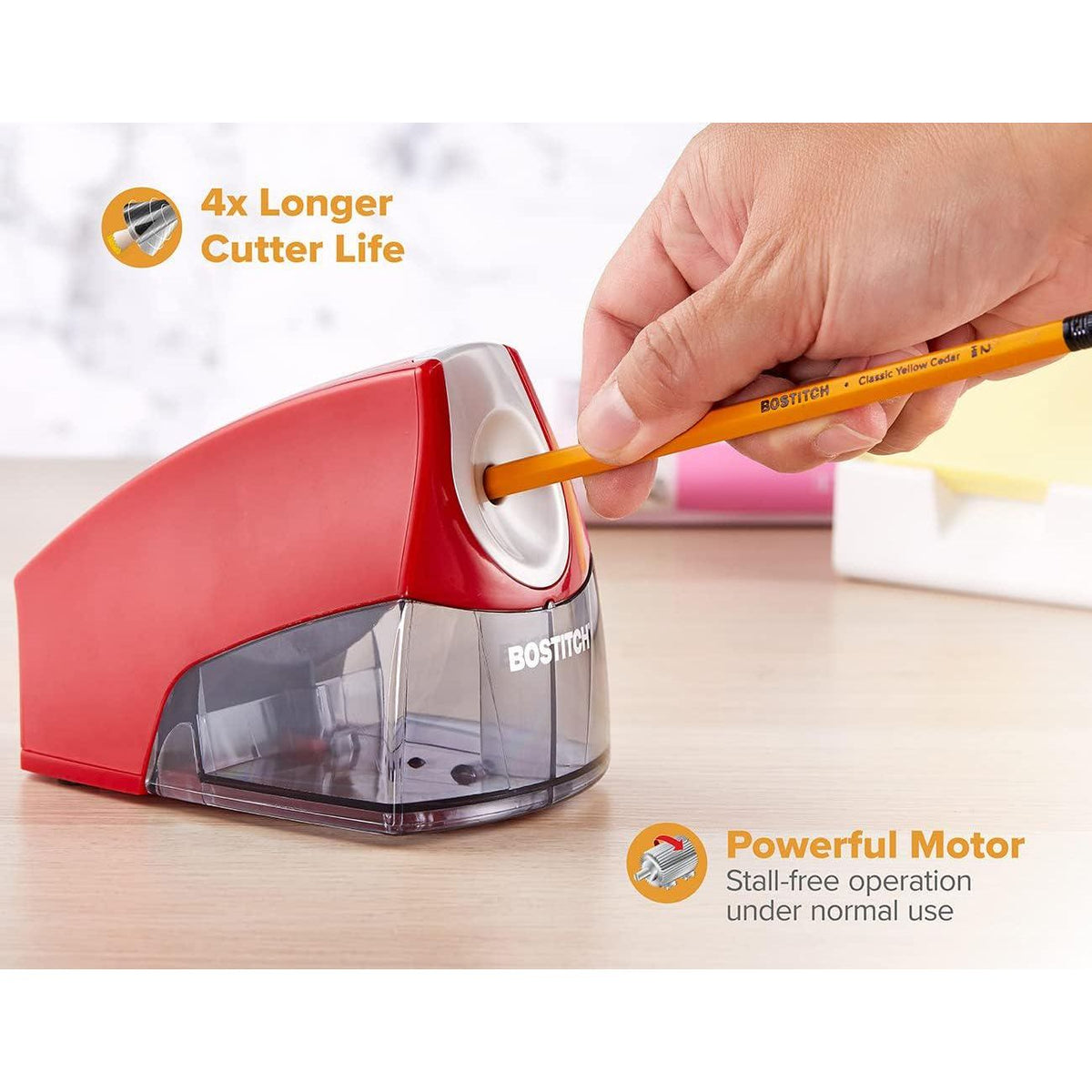 Bostitch Office Personal Electric Pencil Sharpener, Powerful Stall-Free Motor, High Capacity Shavings Tray, Red (EPS4-RED),
