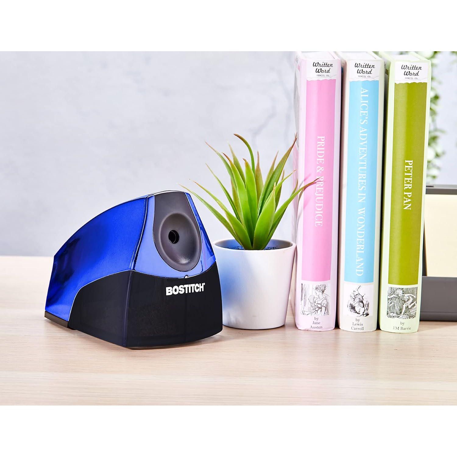 Bostitch Office Personal Electric Pencil Sharpener, Powerful Stall-Free Motor, High Capacity Shavings Tray, Blue Chrome Metallic,