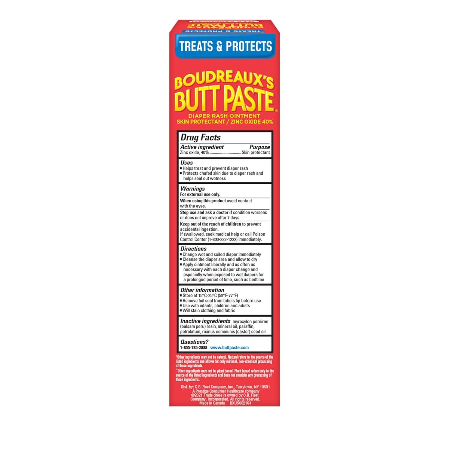 Boudreaux's Butt Paste Maximum Strength Diaper Rash Cream, Ointment For Baby, 4 Oz Tube,