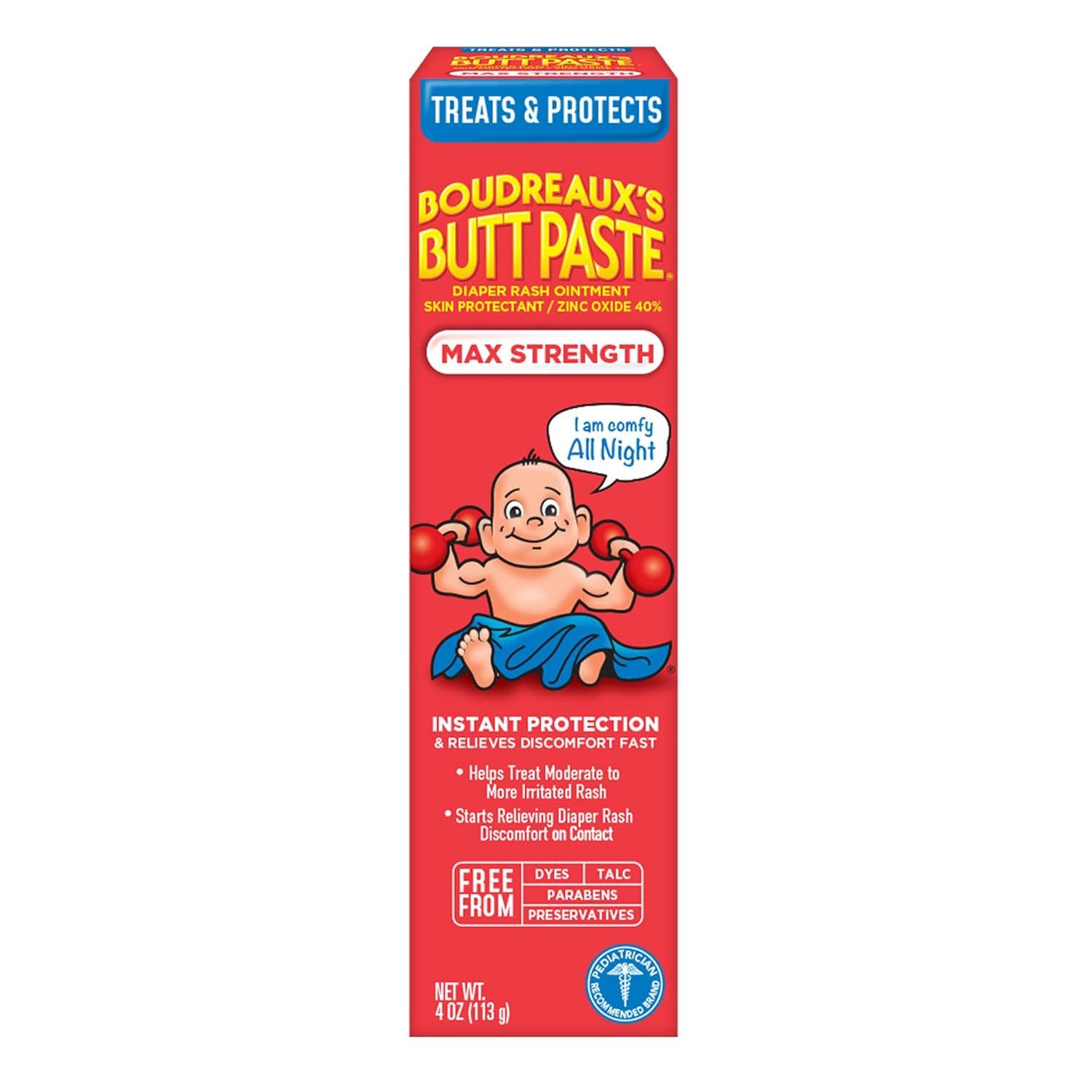 Boudreaux's Butt Paste Maximum Strength Diaper Rash Cream, Ointment For Baby, 4 Oz Tube,