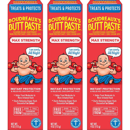 Boudreaux's Butt Paste Maximum Strength Diaper Rash Cream, Ointment For Baby, 4 Oz Tube, 3 Pack,
