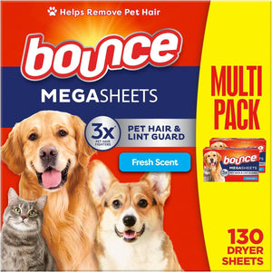 Bounce Pet Hair & Lint Guard Mega Dryer Sheets with 3x Pet Hair Fighters, Fresh Scent, 130 Count