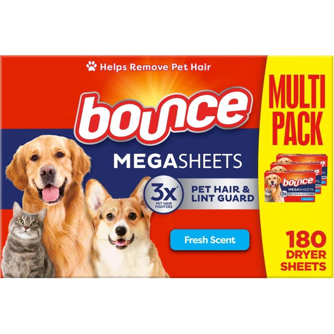 Bounce Bounce Pet Hair And Lint Guard Mega Fabric Softener Dryer Sheets With 3X Pet Hair Fighters, Fresh Scent, 180 Count, Bounce Dryer Sheets, Laundry Sheets, Mega Sheet