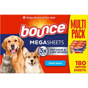 Bounce Bounce Pet Hair And Lint Guard Mega Fabric Softener Dryer Sheets With 3X Pet Hair Fighters, Fresh Scent, 180 Count, Bounce Dryer Sheets, Laundry Sheets, Mega Sheet