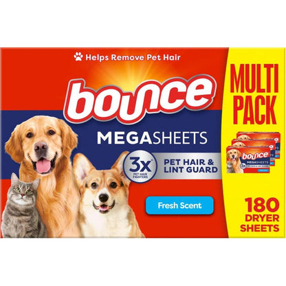 Bounce Bounce Pet Hair And Lint Guard Mega Fabric Softener Dryer Sheets With 3X Pet Hair Fighters, Fresh Scent, 180 Count, Bounce Dryer Sheets, Laundry Sheets, Mega Sheet