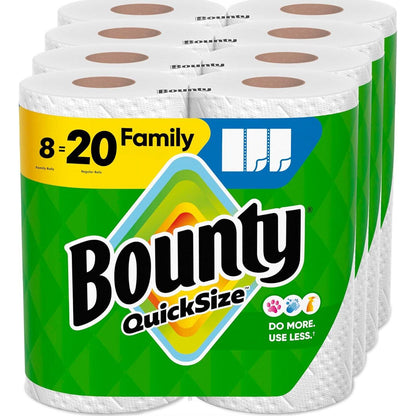 Bounty Quick Size Paper Towels, White, 8 Family Rolls (20 Regular Rolls), Highly Absorbent, Packaging May Vary
