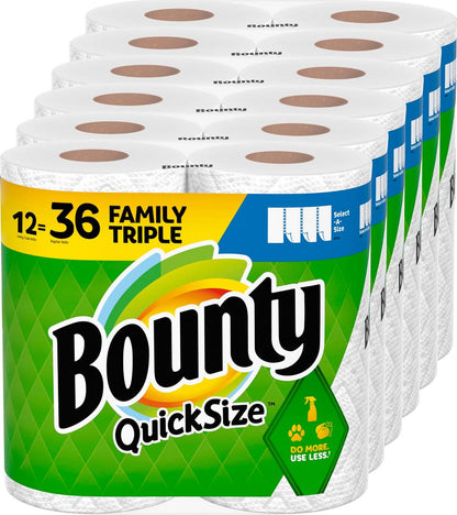 Bounty Quick Size Paper Towels, White, 12 Family Triple Rolls (36 Regular Rolls)