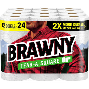 Brawny Brawny Tear-A-Square Paper Towels, 12 Double Rolls = 24 Regular Rolls, 3 Sheet Sizes (Quarter, Half, Full), Strength For All Messes, Cleanups, And Meal Prep