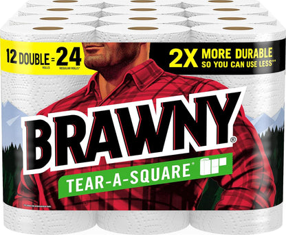 Brawny Brawny Tear-A-Square Paper Towels, 12 Double Rolls = 24 Regular Rolls, 3 Sheet Sizes (Quarter, Half, Full), Strength For All Messes, Cleanups, And Meal Prep