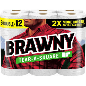 Brawny Brawny Tear-A-Square Paper Towels, 6 Double Rolls = 12 Regular Rolls, 3 Sheet Sizes (Quarter, Half, Full), Strength For All Messes, Cleanups, And Meal Prep