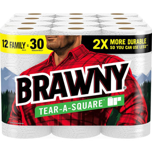 Brawny Brawny Tear-A-Square Paper Towels, 12 Family Rolls = 30 Regular Rolls, 2X More Durable*, 3 Sheet Sizes, Strong And Absorbent Extra-large Roll
