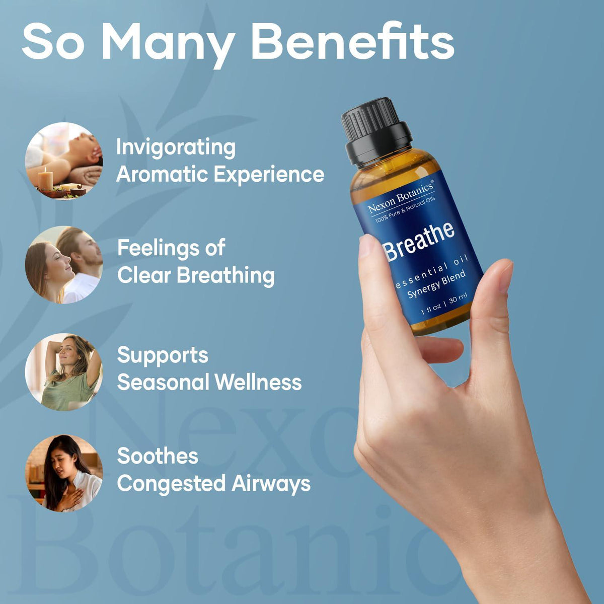 Nexon Botanics Breathe Essential Oil Blend 30 Ml - Breath Sinus Relief With Menthol Oils - For Humidifiers, Diffusers, And Aromatherapy - Nexon Botanics