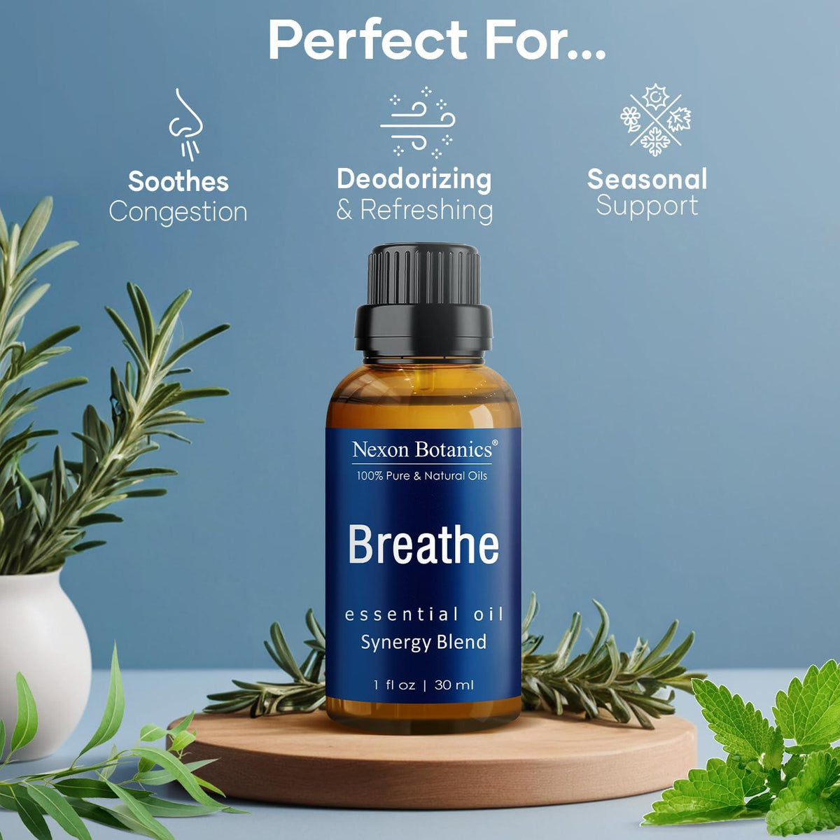 Nexon Botanics Breathe Essential Oil Blend 30 Ml - Breath Sinus Relief With Menthol Oils - For Humidifiers, Diffusers, And Aromatherapy - Nexon Botanics