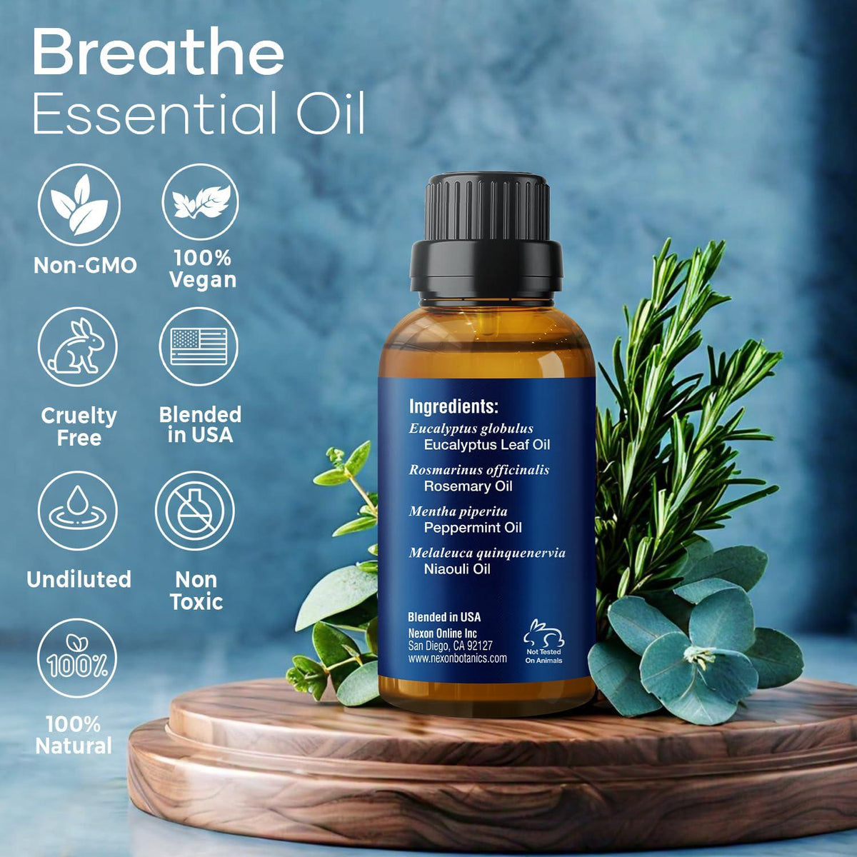 Nexon Botanics Breathe Essential Oil Blend 30 Ml - Breath Sinus Relief With Menthol Oils - For Humidifiers, Diffusers, And Aromatherapy - Nexon Botanics