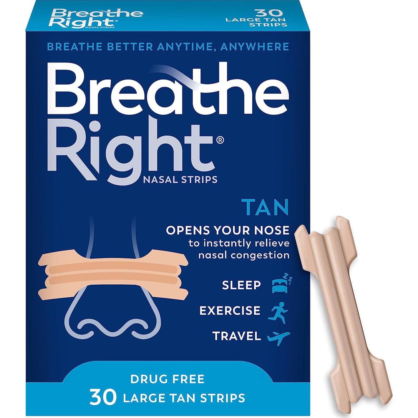 Breathe Right Original Nose Strips, Reduces Snoring & Relieves Nose Congestion, Tan, 30 Count (Packaging May Vary)
