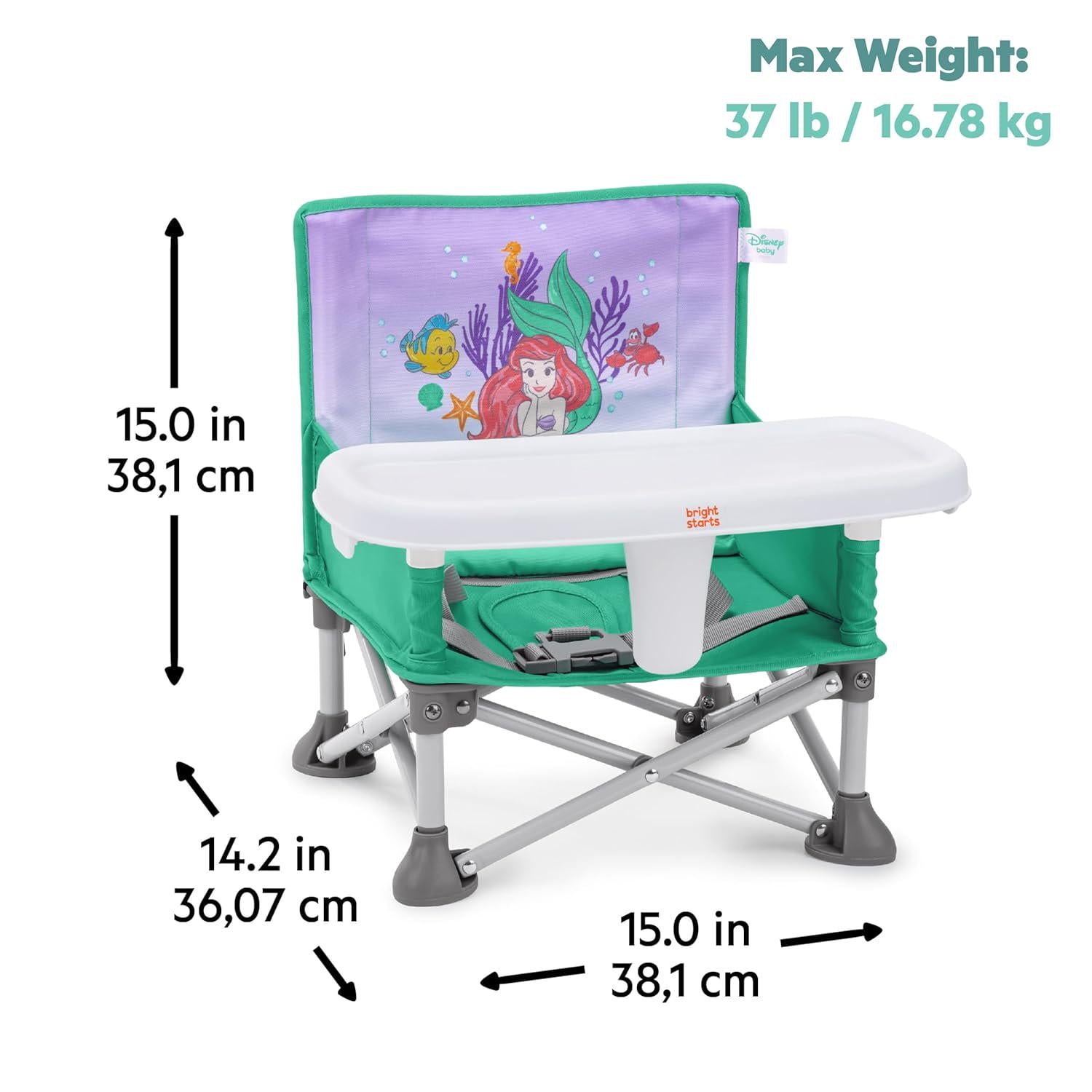 Bright Starts Disney Princess Ariel Pop 'N Sit Portable Booster, Indoor/Outdoor Use, Floor Seat With Feeding Tray, 6 Mos - 3 Yrs,