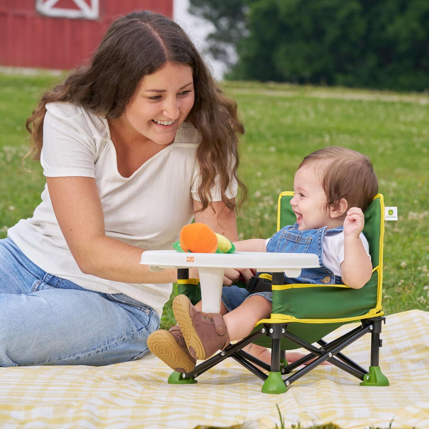 Bright Starts John Deere Pop 'N Sit Portable Booster Chair, Floor Seat, Indoor/Outdoor Use, Compact Fold, Green And Yellow, 6 Mos - 3 Yrs,
