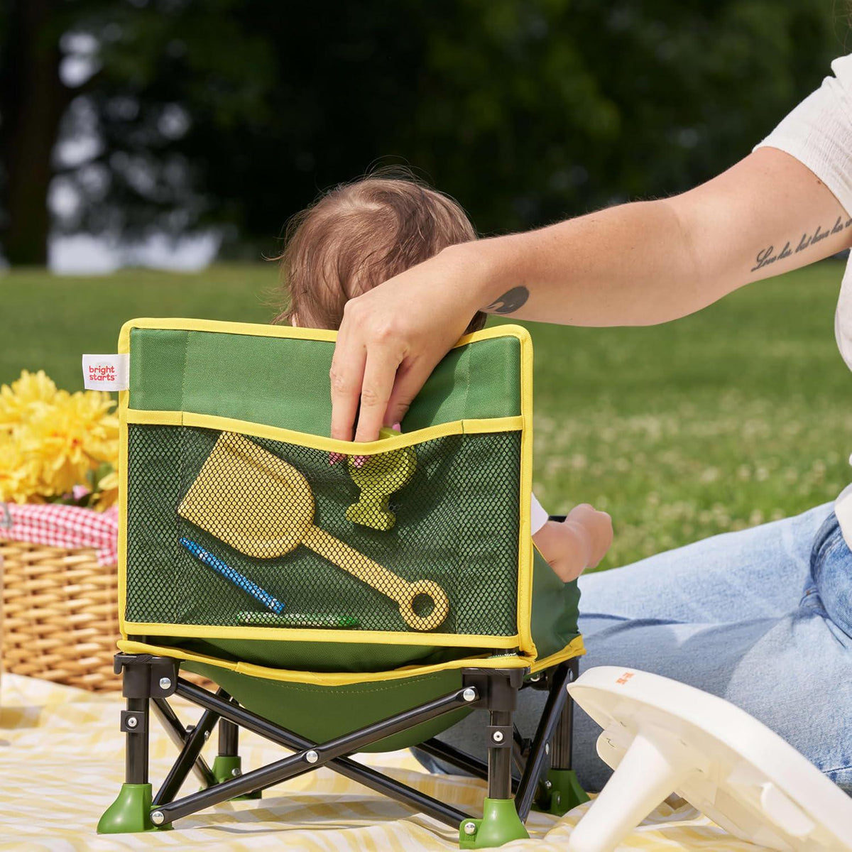 Bright Starts John Deere Pop 'N Sit Portable Booster Chair, Floor Seat, Indoor/Outdoor Use, Compact Fold, Green And Yellow, 6 Mos - 3 Yrs,