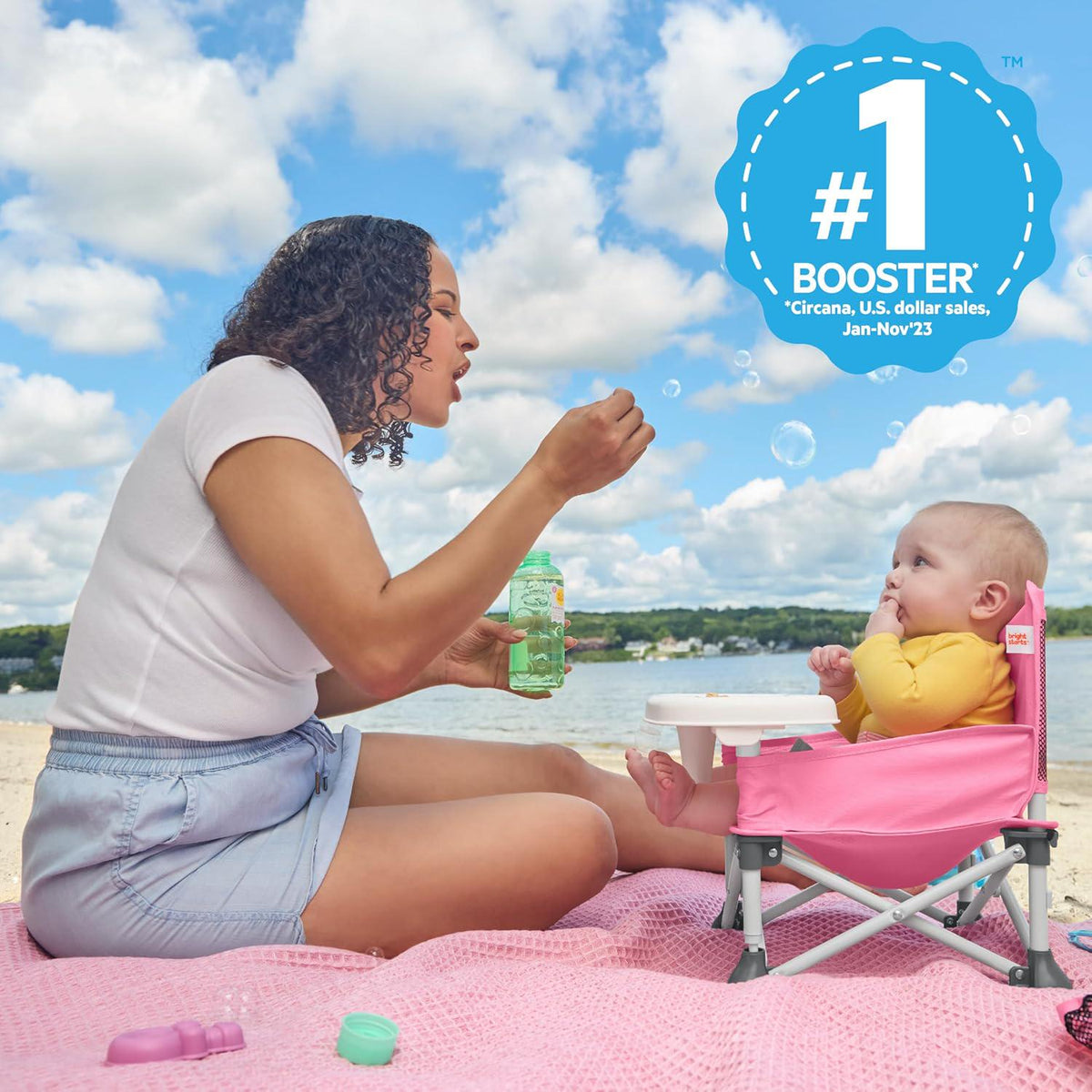 Bright Starts Pop 'N Sit Portable Booster, Indoor/Outdoor Use, Floor Seat With Feeding Tray, Pink, 6 Mos - 3 Yrs,