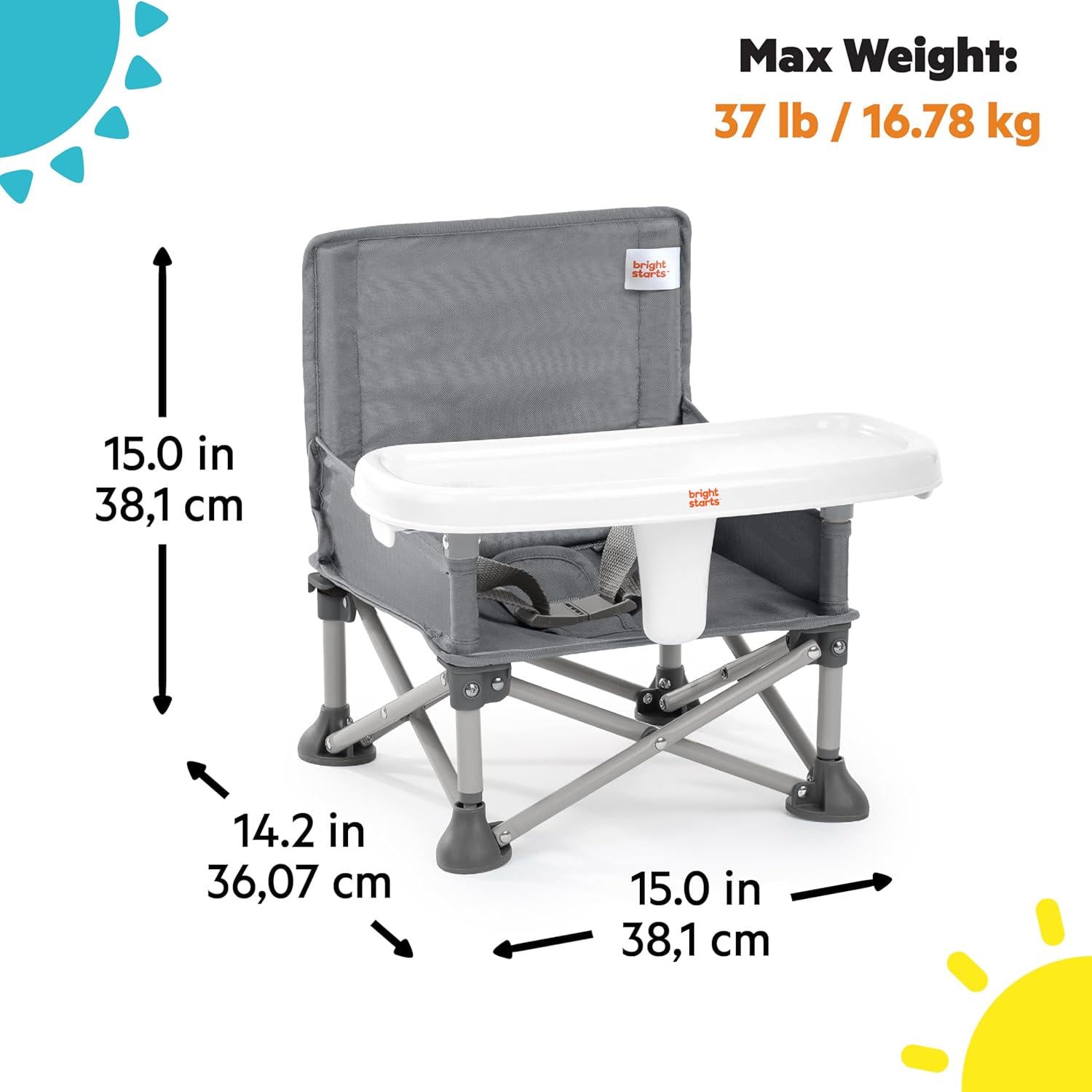 Bright Starts Pop 'N Sit Portable Booster, Indoor/Outdoor Use, Floor Seat With Feeding Tray, Grey, 6 Mos - 3 Yrs,