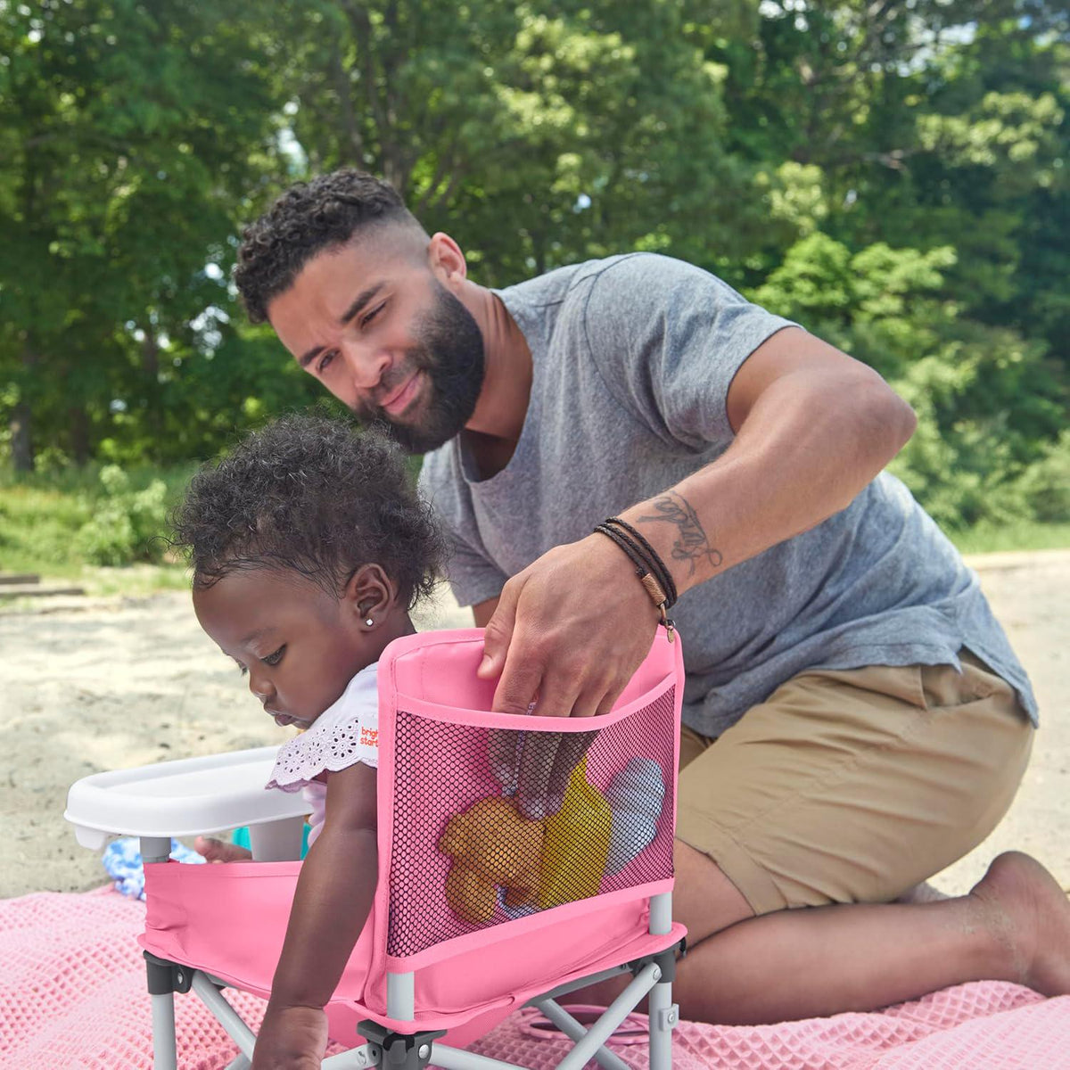Bright Starts Pop 'N Sit Portable Booster, Indoor/Outdoor Use, Floor Seat With Feeding Tray, Pink, 6 Mos - 3 Yrs,