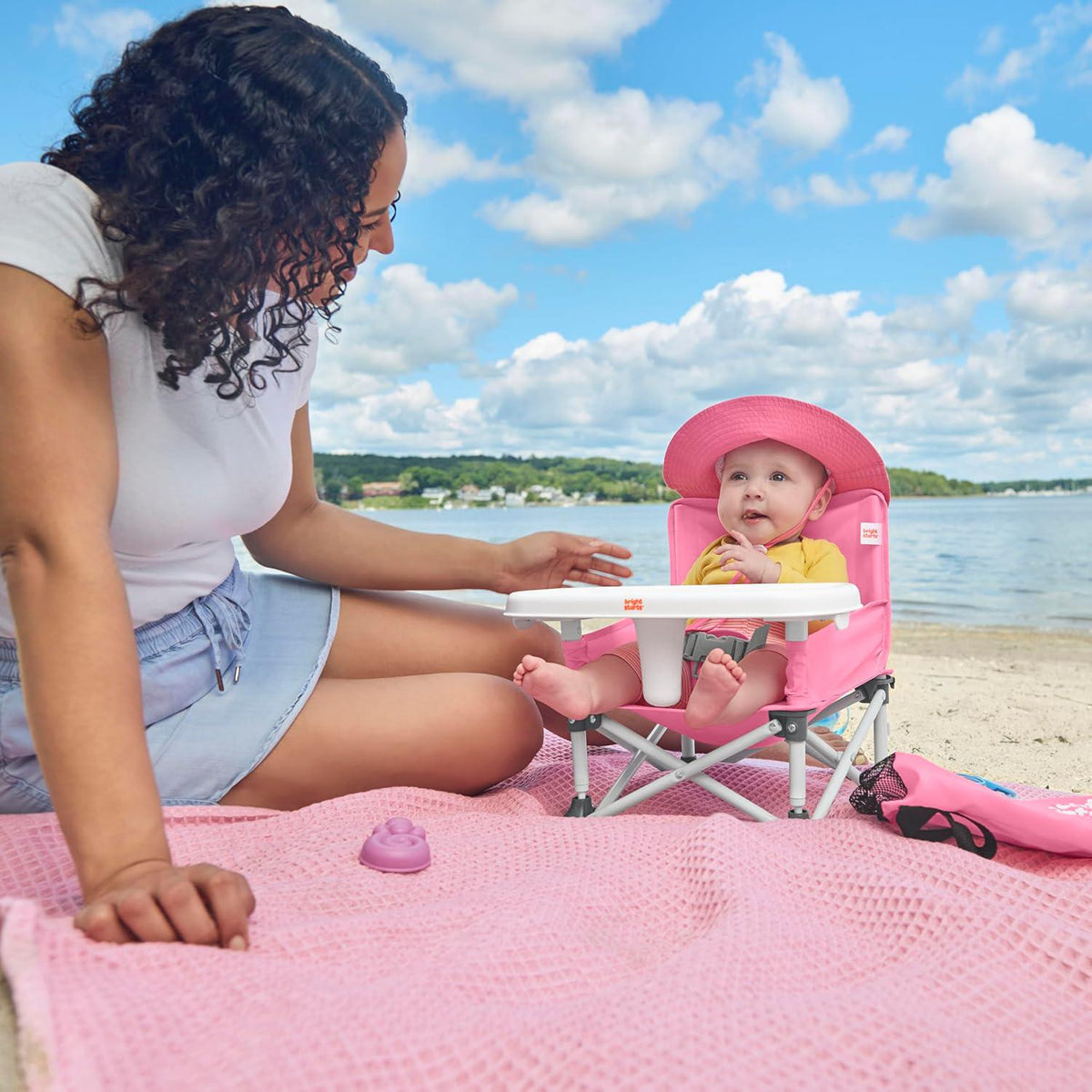 Bright Starts Pop 'N Sit Portable Booster, Indoor/Outdoor Use, Floor Seat With Feeding Tray, Pink, 6 Mos - 3 Yrs,