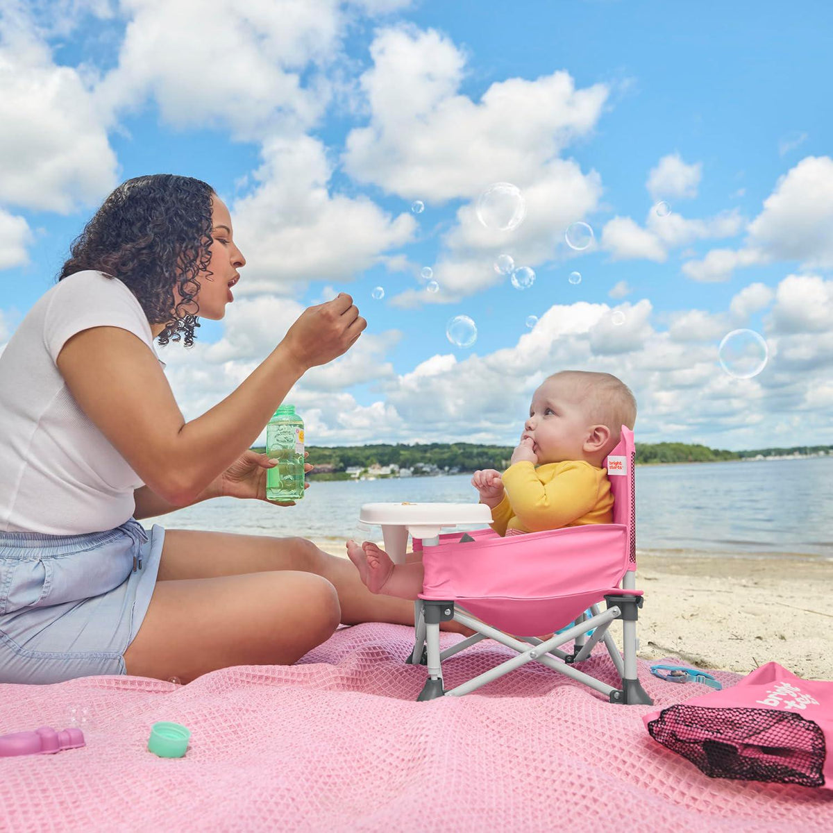 Bright Starts Pop 'N Sit Portable Booster, Indoor/Outdoor Use, Floor Seat With Feeding Tray, Pink, 6 Mos - 3 Yrs,