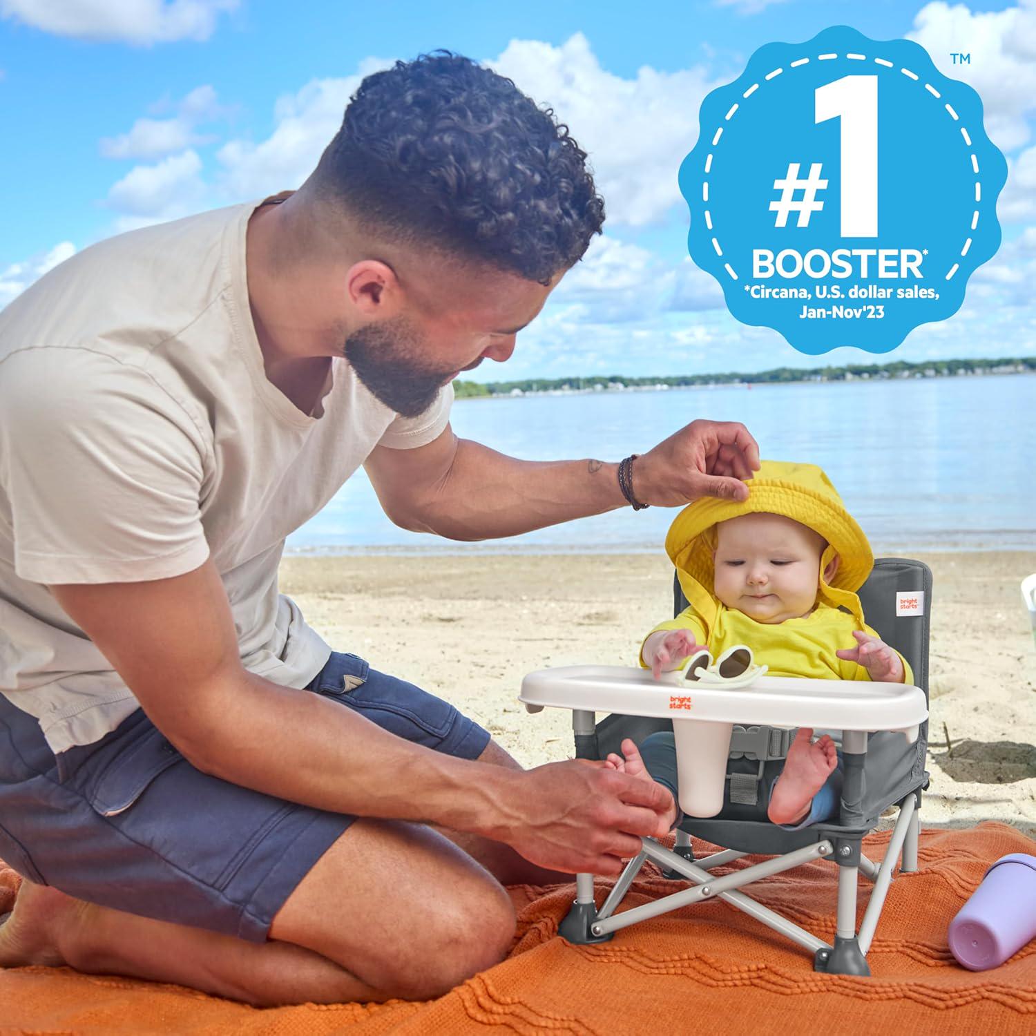 Bright Starts Pop 'N Sit Portable Booster, Indoor/Outdoor Use, Floor Seat With Feeding Tray, Grey, 6 Mos - 3 Yrs,