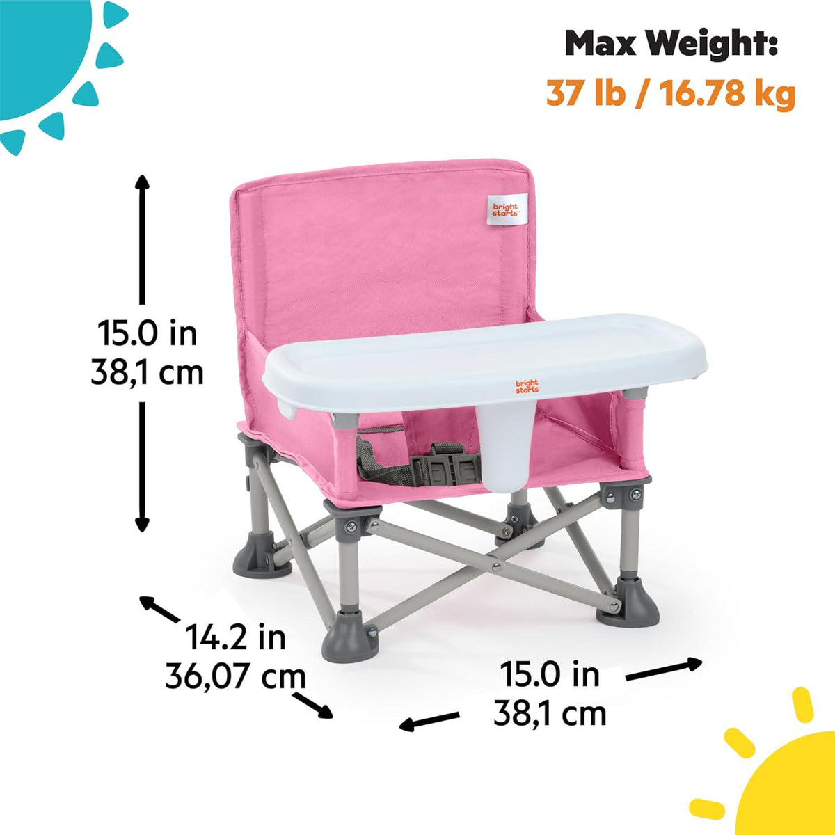 Bright Starts Pop 'N Sit Portable Booster, Indoor/Outdoor Use, Floor Seat With Feeding Tray, Pink, 6 Mos - 3 Yrs,