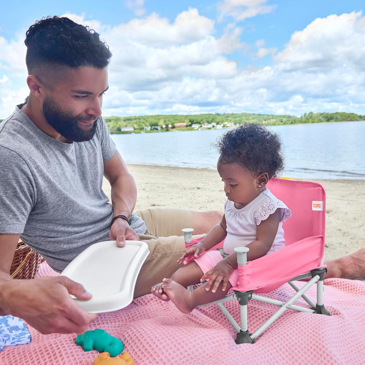 Bright Starts Pop 'N Sit Portable Booster, Indoor/Outdoor Use, Floor Seat With Feeding Tray, Pink, 6 Mos - 3 Yrs,