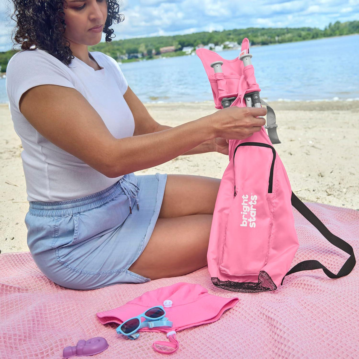 Bright Starts Pop 'N Sit Portable Booster, Indoor/Outdoor Use, Floor Seat With Feeding Tray, Pink, 6 Mos - 3 Yrs,