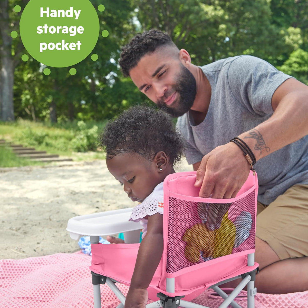 Bright Starts Pop 'N Sit Portable Booster, Indoor/Outdoor Use, Floor Seat With Feeding Tray, Pink, 6 Mos - 3 Yrs,