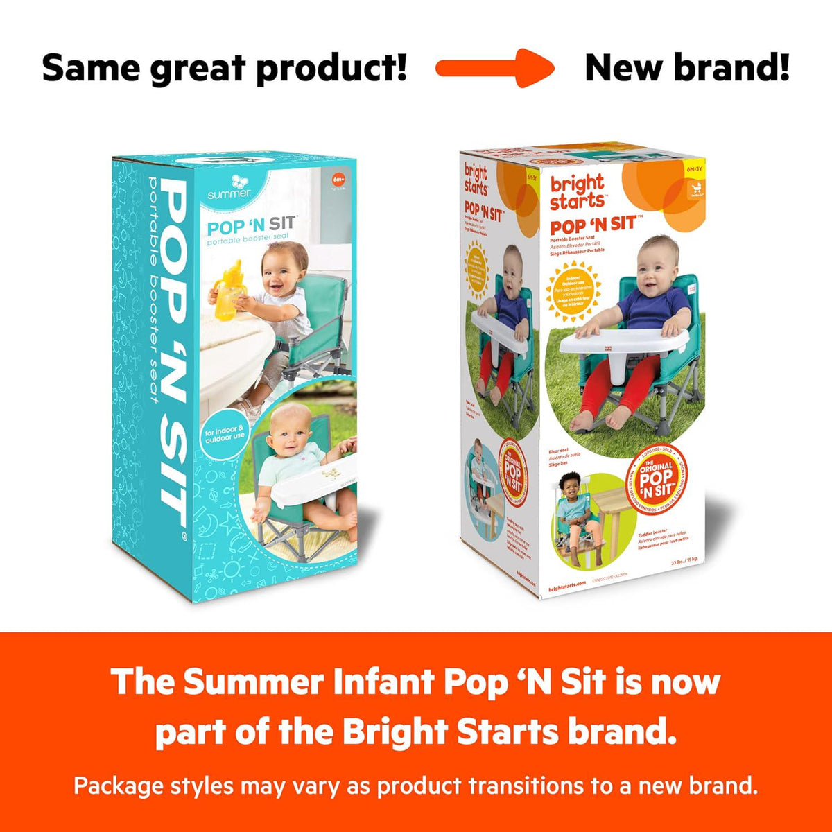 Bright Starts Pop 'N Sit Portable Booster, Indoor/Outdoor Use, Floor Seat With Feeding Tray, Pink, 6 Mos - 3 Yrs,