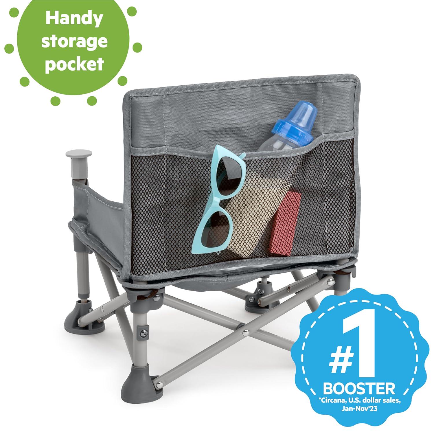 Bright Starts Pop 'N Sit Portable Booster, Indoor/Outdoor Use, Floor Seat With Feeding Tray, Grey, 6 Mos - 3 Yrs,
