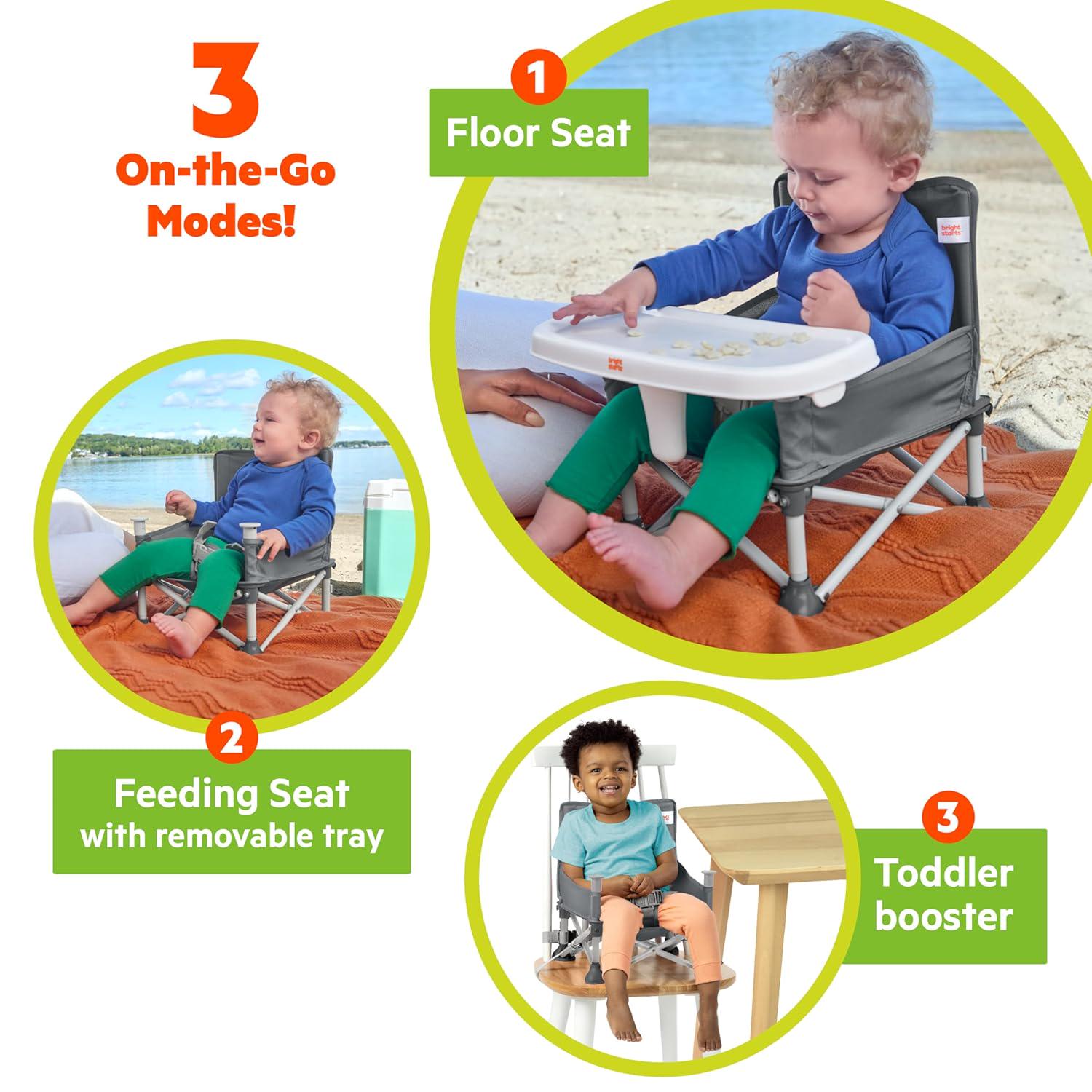 Bright Starts Pop 'N Sit Portable Booster, Indoor/Outdoor Use, Floor Seat With Feeding Tray, Grey, 6 Mos - 3 Yrs,