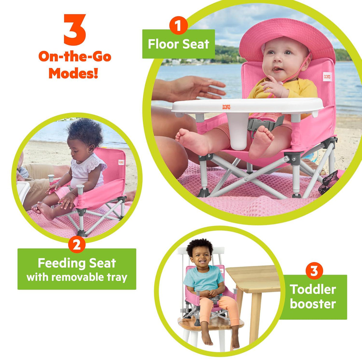 Bright Starts Pop 'N Sit Portable Booster, Indoor/Outdoor Use, Floor Seat With Feeding Tray, Pink, 6 Mos - 3 Yrs,