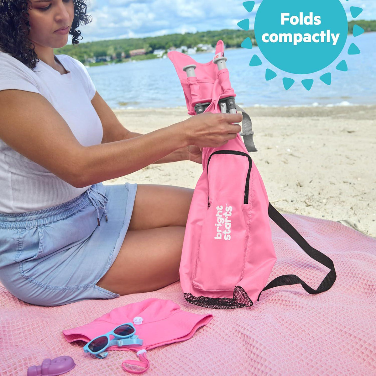 Bright Starts Pop 'N Sit Portable Booster, Indoor/Outdoor Use, Floor Seat With Feeding Tray, Pink, 6 Mos - 3 Yrs,