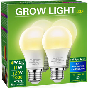 Briignite 4 Pack Grow Light Bulbs, LED White Bulb A19 Bulb, Full Spectrum Plant Bulbs E26 Base, 11W 100W Equivalent, For Indoor Plants, Seed Starting,