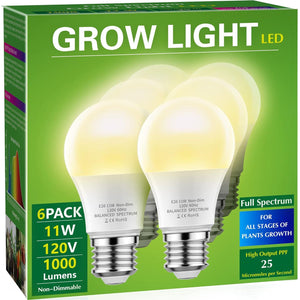 Briignite Grow Light Bulbs, LED Grow Light Bulb A19 Bulb, Full Spectrum Grow Light Bulb, Plant Light Bulbs E26 Base, 11W Grow Bulb 100W Equivalent, Grow Light For Indoor Plants, Seed Starting, 6 Pack,610452987783