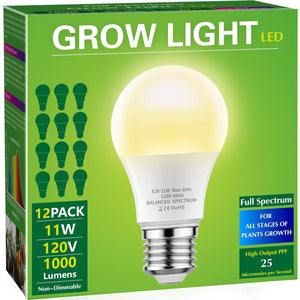 Briignite Grow Light Bulbs, LED Grow Light Bulb A19 Bulb, Full Spectrum Grow Light Bulb, Plant Light Bulbs E26 Base, 11W Grow Bulb 100W Equivalent, Grow Light For Indoor Plants, Seed Starting, 12Pack,