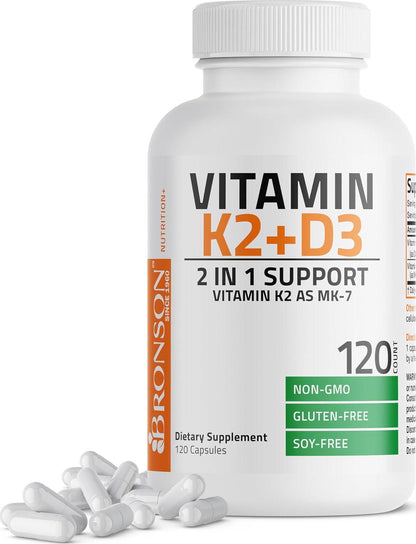 Bronson Vitamin K2 MK7 with D3 Supplement, Non-GMO Formula, 5000 IU Vitamin D3 & 90 mcg K2 MK7, Easy-to-Swallow D & K Complex, 120 Capsules