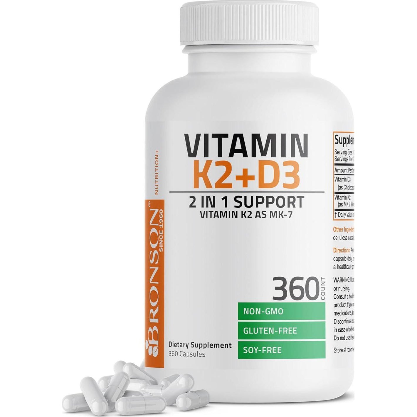 Bronson Bronson Vitamin K2 (MK7) With D3 Supplement Non-GMO Formula 5000 IU Vitamin D3 And 90 Mcg K2 MK-7 Easy To Swallow D And K Complex, 360 Capsules