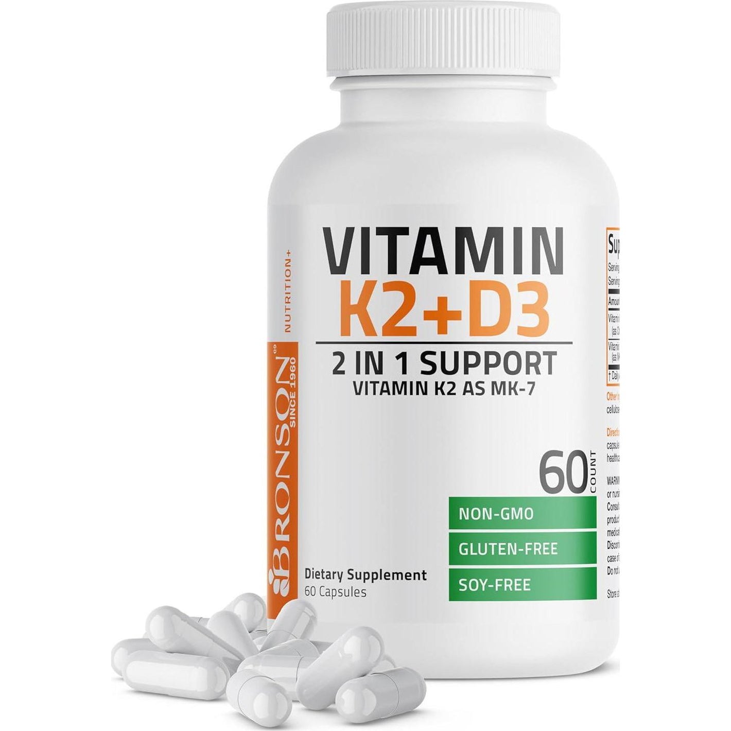 Bronson Vitamin K2 MK7 with D3 Supplement, Non-GMO Formula, 5000 IU Vitamin D3 & 90 mcg K2 MK7, Easy-to-Swallow D & K Complex, 60 Capsules